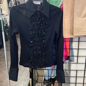 Blanc Nature Black Ruffle Zip Front Blouse Size 8 FR 40 Made in France